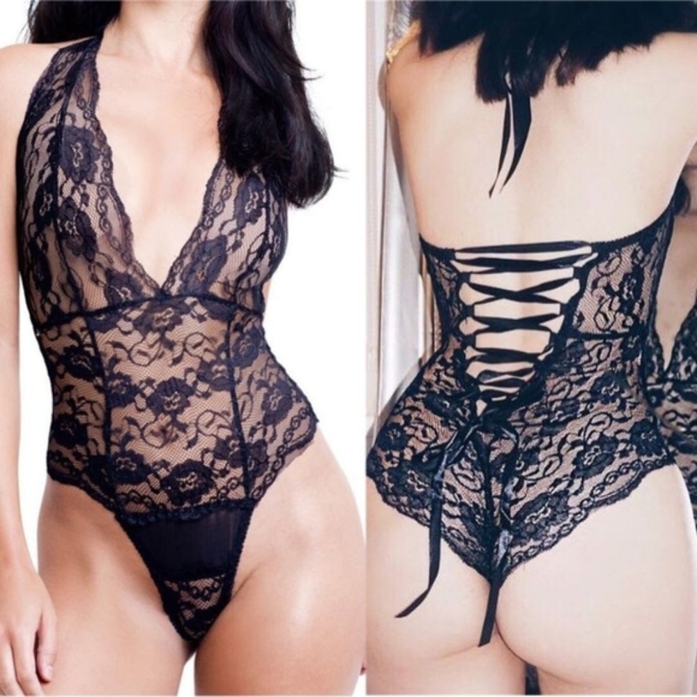 Black Lace Soft Stretchy Lace Up Back Bodysuit